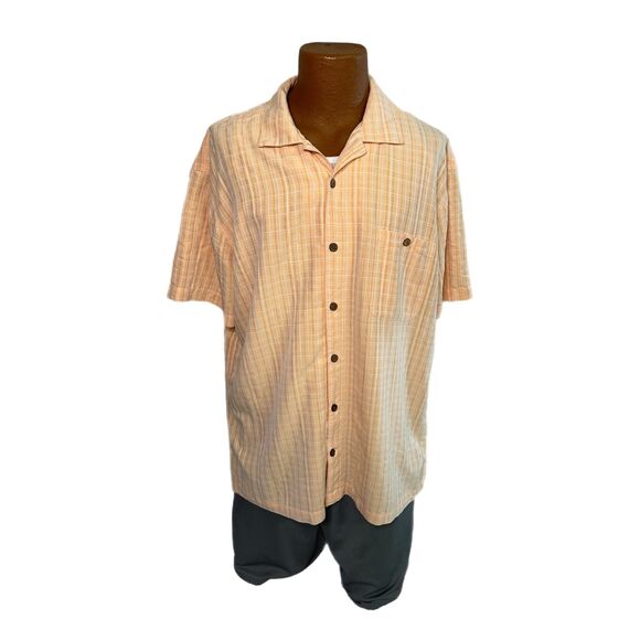 Island Shores Peach Plaid Short-Sleeve Button Down Shirt, XL - Picture 1 of 7
